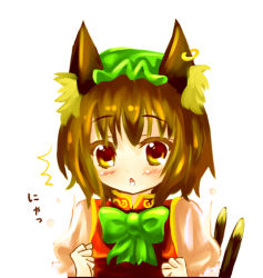Rule 34 | 1girl, 23, 23 (candy chapus), ^^^, animal ears, blush, brown eyes, brown hair, cat ears, cat girl, cat tail, chen, earrings, female focus, hat, jewelry, lowres, multiple tails, nyan, ribbon, short hair, solo, tail, touhou