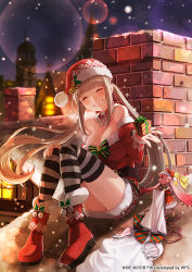 Rule 34 | 1girl, ^ ^, bare shoulders, blonde hair, blush, boots, box, breasts, brittany shrewsbury, chimney, cleavage, closed eyes, gift, gift box, grin, hinomoto madoka, large breasts, long hair, night, outdoors, sack, santa costume, sitting, sky, smile, snowing, star (sky), starry sky, striped clothes, striped thighhighs, thighhighs, twintails, very long hair, wild arms: million memories
