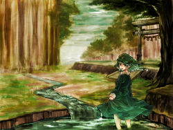 Rule 34 | 1girl, chiruko (xxx-o), dress, forest, frilled shirt collar, frills, from behind, grass, green dress, green eyes, green hair, green hat, green skirt, hair bobbles, hair ornament, hat, kawashiro nitori, lake, long sleeves, looking at viewer, matching hair/eyes, nature, open mouth, partially submerged, plant, pocket, pond, puffy long sleeves, puffy sleeves, river, scenery, short hair, skirt, skirt hold, skirt set, solo, standing, torii, touhou, tree, twintails, two side up, wading, water