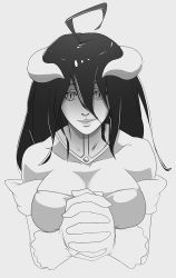 Rule 34 | 1girl, ahoge, albedo (overlord), bad deviantart id, bad id, bankage, bare shoulders, breasts, cleavage, demon girl, detached collar, elbow gloves, female focus, gloves, greyscale, hair between eyes, horns, huge ahoge, large breasts, long hair, monochrome, overlord (maruyama), own hands clasped, own hands together, shaded face, slit pupils, smile, solo, upper body