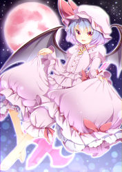 Rule 34 | 1girl, adapted costume, barefoot, bat wings, bloomers, blue hair, chikado, colorized, curtsey, dress, fang, flat chest, full moon, hat, hat ribbon, hayasit, highres, juliet sleeves, long sleeves, looking at viewer, mob cap, moon, night, open mouth, pink dress, pink eyes, puffy sleeves, red eyes, red moon, remilia scarlet, ribbon, ribbon-trimmed skirt, ribbon trim, short hair, sky, smile, solo, touhou, underwear, wars-ma, wings