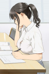 Rule 34 | 1girl, black hair, window blinds, bra, bra peek, breast rest, breasts, breasts on table, button gap, chair, collared shirt, commentary, expressionless, from side, grey skirt, hand on own cheek, hand on own face, holding, holding pencil, indoors, mattaku mousuke, mechanical pencil, medium breasts, medium hair, notebook, original, pencil, pleated skirt, ponytail, profile, shirt, short sleeves, sitting, skirt, solo, table, underwear, white bra, white shirt, window, wing collar, writing