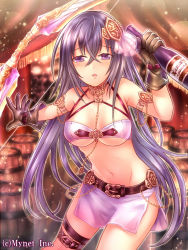 Rule 34 | 1girl, angelmaster, blush, bow (weapon), breasts, large breasts, long hair, looking at viewer, navel, neme, official art, purple eyes, purple hair, solo, thighhighs, weapon