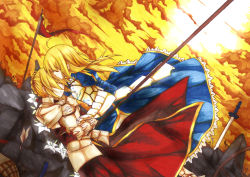 Rule 34 | 2girls, armor, armored dress, arrow (projectile), artoria pendragon (all), artoria pendragon (fate), banner, battlefield, blonde hair, cloud, dress, dutch angle, closed eyes, fate/apocrypha, fate/stay night, fate (series), flower, kissing forehead, full armor, hair down, kiss, kissing forehead, lily (flower), mordred (fate), mordred (fate/apocrypha), mordred (mythology), mother and daughter, multiple girls, polearm, saber (fate), short hair, sky, spear, spoilers, sunset, sword, weapon, whiisky