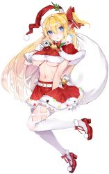 Rule 34 | 1girl, argyle, argyle clothes, argyle cutout, bell, belt, blonde hair, blue eyes, blush, breasts, carrying over shoulder, clothing cutout, copyright request, full body, fur trim, hat, highres, large breasts, long hair, mary janes, one side up, pointy ears, sack, santa hat, shoes, skirt, solo, transparent background, underboob, white legwear