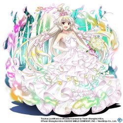 Rule 34 | 1girl, :d, bare shoulders, bouquet, bow, collarbone, copyright notice, dress, elbow gloves, flower, fujiwara no mokou, gloves, hair bow, hair ribbon, holding, holding bouquet, jewelry, long dress, long hair, looking at viewer, necklace, official alternate costume, official art, open mouth, pink ribbon, red eyes, ribbon, rotte (1109), smile, solo, strapless, strapless dress, touhou, touhou lostword, transparent background, tress ribbon, very long hair, wedding dress, white bow, white dress, white gloves, white hair