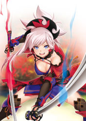 Rule 34 | 1girl, bare shoulders, blue eyes, breasts, cleavage, dual wielding, fate/grand order, fate (series), fighting stance, folded ponytail, highres, holding, japanese clothes, katana, kazuma muramasa, large breasts, miyamoto musashi (fate), miyamoto musashi (second ascension) (fate), obi, open mouth, sash, scabbard, sheath, smile, solo, sword, thighhighs, weapon, zettai ryouiki