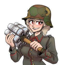 Rule 34 | 1girl, :d, blonde hair, blue eyes, camouflage, camouflage headwear, can, drink can, explosive, grenade, grin, highres, holding, long sleeves, looking at viewer, military, military uniform, monster energy, open mouth, original, red eyes, short hair, simple background, smile, soda can, solo, teeth, uniform, white background, willy pete, world war i