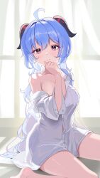 Rule 34 | 1girl, absurdres, ahoge, bare shoulders, blue hair, blush, breasts, cleavage, commentary, curtains, domodomo0708, ganyu (genshin impact), genshin impact, highres, horns, indoors, light smile, long hair, looking at viewer, medium breasts, naked shirt, off shoulder, purple eyes, shirt, sidelocks, sitting, solo, symbol-only commentary, white shirt, window