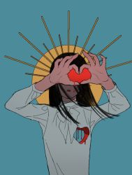 Rule 34 | 1girl, black hair, blood, blue background, bow, bowtie, covered eyes, heart, heart hands, hole in chest, hole on body, long hair, original, parted lips, shokugyo, solo, upper body, wind