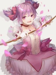Rule 34 | 1girl, :d, arrow (projectile), bow, bow (weapon), choker, collarbone, dress shirt, frilled skirt, frills, gloves, hair between eyes, hair bow, holding, holding arrow, holding bow (weapon), holding weapon, kaname madoka, long hair, looking at viewer, magical girl, mahou shoujo madoka magica, mahou shoujo madoka magica (anime), open mouth, pink gemstone, pink hair, red bow, red eyes, ribbon choker, shirt, skirt, smile, solo, soul gem, twintails, weapon, white gloves, white skirt, yoruirooo777