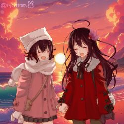 Rule 34 | 15citron, 2girls, ahoge, beach, black pantyhose, black skirt, blush, brown hair, buttons, closed eyes, cloud, cloudy sky, coat, cowboy shot, hair between eyes, hair ornament, hat, kantai collection, kisaragi (kancolle), long hair, long sleeves, multiple girls, mutsuki (kancolle), ocean, open mouth, outdoors, pantyhose, pink coat, pleated skirt, pom pom (clothes), red coat, scarf, skirt, sky, smile, sun, twitter username, white headwear, white scarf