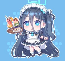 Rule 34 | 1girl, :o, alternate costume, apron, aris (blue archive), black dress, black footwear, black hair, blue archive, blue background, blue eyes, cake, cake slice, collared dress, dress, enmaided, food, frilled apron, frilled dress, frills, fruit, hair between eyes, halo, highres, holding, holding tray, ice cream, kaoling, long hair, looking at viewer, maid, maid apron, maid headdress, midori (blue archive), momoi (blue archive), one side up, oreo, outline, parted lips, power symbol, puffy short sleeves, puffy sleeves, shoes, short sleeves, simple background, socks, solo, strawberry, tray, very long hair, white apron, white outline, white socks, wrist cuffs, yuzu (blue archive)