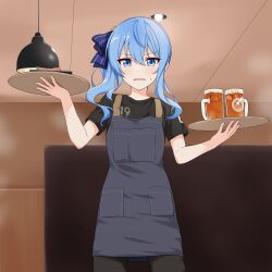 Rule 34 | 1girl, absurdres, alcohol, apron, beer, black shirt, blue hair, commentary, felutiahime, food, highres, hololive, hoshimachi suisei, indoors, looking at viewer, open mouth, shirt, short hair, short sleeves, sweat, tray, virtual youtuber, waitress