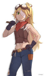 Rule 34 | 1girl, absurdres, artist name, bandage over one eye, belt, black gloves, blonde hair, brown belt, denim, freckles, frown, gloves, goggles, goggles on head, green eyes, hammer, highres, holding, holding hammer, hololive, hololive english, jeans, long hair, one eye covered, pants, scout (mythbreakers), solo, tfqr, torn clothes, torn jeans, torn pants, virtual youtuber, white background, world of darkness, wrench