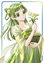 1girl absurdres alternate_eye_color basket blunt_bangs dress flower freckles green_dress green_eyes green_hair hair_flower hair_ornament highres holding holding_flower kusuriya_no_hitorigoto long_hair looking_at_viewer maomao_(kusuriya_no_hitorigoto) nanatumugi solo