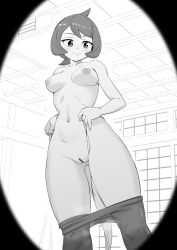 Rule 34 | 1girl, arezu (pokemon), bad id, bad pixiv id, bar censor, breasts, ceiling, censored, closed mouth, clothes pull, collarbone, commentary, cowlick, creatures (company), eyelashes, from below, game freak, greyscale, highres, indoors, looking down, makino harumaki, medium breasts, monochrome, navel, nintendo, nipples, nude, pantyhose, pantyhose pull, pokemon, pokemon legends: arceus, pussy, shiny clothes, short hair, smile, solo, standing
