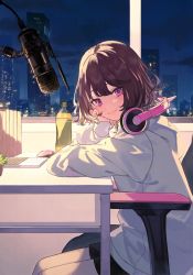 Rule 34 | 1girl, black shorts, bottle, brown hair, chair, city lights, cityscape, closed mouth, cover image, female focus, from side, gaming chair, head rest, headphones, headphones around neck, highres, hood, hood down, hoodie, indoors, koi wa yozora wo watatte, long sleeves, looking at viewer, looking to the side, microphone, night, official art, on chair, purple eyes, short hair, shorts, shugao, sitting, smile, solo, swivel chair, table, textless version, white hoodie