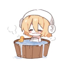 1girl :3 bath bathing blonde_hair blush chibi closed_eyes closed_mouth don_quixote_(project_moon) highres limbus_company project_moon rubber_duck short_hair smile solo steam towel towel_on_head yukinatomi