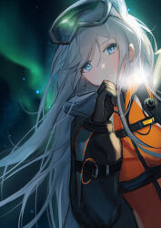 Rule 34 | 1girl, absurdres, arknights, aurora, aurora (arknights), aurora (polar catcher) (arknights), black gloves, blue eyes, blush, bodysuit, breath, ewig, gloves, goggles, goggles on head, grey hair, highres, long hair, long sleeves, looking at viewer, night, official alternate costume, orange bodysuit, outdoors, parted lips, sky, smile, solo, star (sky), starry sky, upper body, very long hair