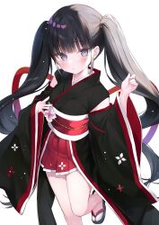 Rule 34 | 1girl, black hair, blunt bangs, blush, breasts, clothing request, commentary request, commission, detached sleeves, grey eyes, hakua aa, hand up, highres, japanese clothes, kimono, long hair, long sleeves, looking at viewer, medium breasts, original, sidelocks, skeb commission, solo, standing, standing on one leg, twintails, very long hair, wide sleeves