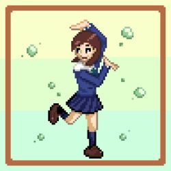 Rule 34 | 1girl, arm up, blue shirt, blue skirt, bob cut, border, brown border, brown footwear, brown hair, bubble, commentary, dancing, easy breezy, eizouken ni wa te wo dasu na!, foot up, full body, gradient background, green background, green necktie, hands up, loafers, looking back, mizusaki tsubame, necktie, noshik (pippippixel), pixel art, pleated skirt, sailor collar, school uniform, shirt, shoes, short hair, skirt, smile, solo, standing, standing on one leg, swept bangs, twisted torso, very long sleeves, white sailor collar