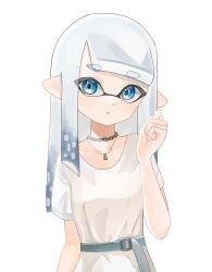 Rule 34 | 1girl, absurdres, arm up, belt, blue eyes, collarbone, commentary, gradient hair, grey hair, highres, inkling, inkling girl, inkling player character, jewelry, long hair, multicolored hair, necklace, negi kobito, nintendo, pointy ears, shirt, simple background, solo, splatoon (series), star (symbol), star in eye, symbol-only commentary, symbol in eye, tentacle hair, thick eyebrows, white background, white shirt