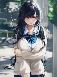 Rule 34 | 1girl, arm under breasts, backpack, bag, beige cardigan, black hair, black skirt, blue bow, blue bowtie, blurry, blurry background, blush, bow, bowtie, breasts, cardigan, collared shirt, commentary, day, dress shirt, flying sweatdrops, hair over one eye, highres, holding own arm, large breasts, long hair, nekomugiharu, one eye closed, open mouth, original, outdoors, pleated skirt, purple eyes, school uniform, shirt, skirt, solo, tokujo-chan, translated, upper body, white shirt