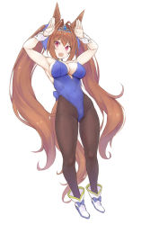 Rule 34 | 1girl, absurdres, animal ears, black pantyhose, blue leotard, blush, breasts, brown hair, cleavage, daiwa scarlet (umamusume), fang, full body, hair between eyes, highres, horse ears, horse girl, horse tail, large breasts, leotard, long hair, nontraditional playboy bunny, open mouth, pantyhose, playboy bunny, rabbit pose, red eyes, ryo (tg290), simple background, skin fang, solo, tail, twintails, umamusume, white background, white footwear