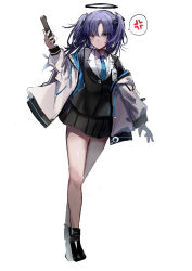 Rule 34 | 1girl, anger vein, black footwear, blue archive, blue eyes, blue necktie, closed mouth, collared shirt, commentary request, expressionless, formal, halo, highres, holding, id card, jacket, long hair, looking at viewer, mechanical halo, miniskirt, necktie, off shoulder, open clothes, open jacket, parted bangs, pleated skirt, purple hair, shinonome nemu (nemulog sn), shirt, sidelocks, simple background, sketch, skirt, solo, spoken anger vein, standing, suit, two-sided fabric, two-sided jacket, two side up, white background, white shirt, yuuka (blue archive)