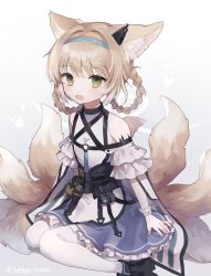 Rule 34 | 1girl, animal ear fluff, animal ears, arknights, bare shoulders, black footwear, blue dress, blue hairband, boots, braid, braided hair rings, brown hair, commentary request, dress, fang, fox ears, fox girl, fox tail, frilled dress, frills, green eyes, hair rings, hairband, headgear, kitsune, korean commentary, looking at viewer, material growth, moffle (ayabi), off-shoulder dress, off shoulder, open mouth, oripathy lesion (arknights), pantyhose, sitting, solo, suzuran (arknights), tail, twin braids, white pantyhose, wrist cuffs