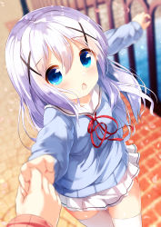 Rule 34 | 1girl, blue eyes, blue hair, blue sweater, blurry, blurry background, blurry foreground, blush, chinomaron, commentary request, day, depth of field, gochuumon wa usagi desu ka?, hair between eyes, hair ornament, highres, holding hands, kafuu chino, long hair, long sleeves, looking at viewer, neck ribbon, open mouth, out of frame, outdoors, outstretched arms, petals, pleated skirt, railing, red ribbon, ribbon, sailor collar, school uniform, serafuku, skirt, solo focus, sweater, thighhighs, very long hair, water, white sailor collar, white skirt, white thighhighs, x hair ornament