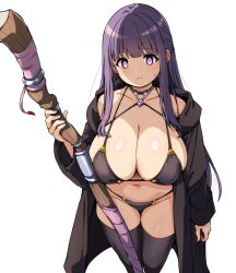 Rule 34 | 1girl, bare shoulders, bikini, black bikini, black robe, black thighhighs, blunt bangs, breasts, cleavage, closed mouth, collarbone, commentary request, fern (sousou no frieren), fingernails, glint, hirowa nagi, holding, holding staff, huge breasts, long hair, looking at viewer, open clothes, open robe, purple eyes, purple hair, robe, solo, sousou no frieren, staff, standing, sweatdrop, swimsuit, thighhighs, transparent background
