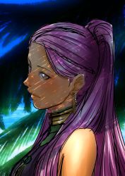 Rule 34 | 1girl, aduti momoyama, bare shoulders, bracelet, braid, braided ponytail, breasts, brown eyes, cleavage, earrings, facial mark, fire emblem, fire emblem: three houses, highres, jewelry, long hair, nintendo, palm tree, petra macneary, ponytail, purple hair, simple background, solo, tree, upper body, white background