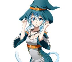 Rule 34 | 1girl, aqua hat, blue eyes, blue hair, breasts, bug, cat tail, chain, cleavage, detached sleeves, dress, hair between eyes, hair ribbon, hat, looking at viewer, medium breasts, open mouth, ribbon, short hair with long locks, sidelocks, sinon (sao-alo), sleeveless, sleeveless dress, solo, spider, sword art online, tail, transparent background, upper body, witch hat, yellow ribbon