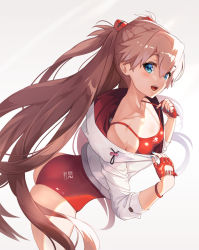 Rule 34 | 1girl, adapted costume, ass, blue eyes, bracelet, brown hair, curvy, gloves, grey background, hair between eyes, highres, interface headset, jewelry, lips, long hair, looking at viewer, neon genesis evangelion, one-piece swimsuit, pondel, red one-piece swimsuit, shiny skin, simple background, smile, solo, souryuu asuka langley, swimsuit, teeth, upper teeth only, very long hair