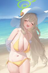 Rule 34 | 1girl, :d, absurdres, arms behind back, beach, bikini, blonde hair, blue archive, blue bow, bow, breasts, cleavage, closed eyes, collarbone, day, facing viewer, flower, halo, hat, hat flower, head tilt, highres, large breasts, long hair, navel, nonomi (blue archive), ocean, open mouth, outdoors, rikuhito juusan, smile, solo, standing, sun hat, sweat, swimsuit, teeth, thick thighs, thighs, upper teeth only, yellow bikini, yellow flower