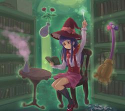 Rule 34 | 1girl, arm up, black socks, blunt bangs, book, bookshelf, bow, broom, brown eyes, chair, chocokin, floating, flower, frown, green theme, grimoire, hat, hat ribbon, hexagram, holding, holding book, holding wand, indoors, izayoi liko, kneehighs, legs together, levitation, library, long hair, long sleeves, looking down, magic, magic circle, mahou girls precure!, mary janes, open book, pink bow, pink skirt, precure, purple eyes, purple hair, reading, red footwear, red hat, ribbon, riko (mahou girls precure!), shirt, shoes, sidelocks, signature, sitting, skirt, smoke, socks, solo, suspender skirt, suspenders, table, vase, wand, white shirt, witch, witch hat