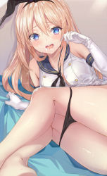 Rule 34 | 1girl, aimee (emi), bad id, bad pixiv id, bare shoulders, bed sheet, black panties, blonde hair, blouse, breasts, commentary request, crop top, detached sleeves, elbow gloves, from behind, gloves, grey eyes, hair between eyes, hairband, highleg, highleg panties, highres, kantai collection, unworn legwear, long hair, looking at viewer, lying, on side, open mouth, out-of-frame censoring, panties, panty pull, revision, school uniform, serafuku, sheet grab, shimakaze (kancolle), shirt, small breasts, solo, suggestive fluid, thighs, underwear, white gloves, white shirt