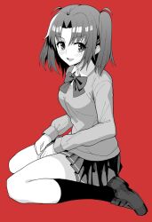 Rule 34 | 1girl, bow, bowtie, full body, greyscale with colored background, harinbote, highres, loafers, looking at viewer, medium hair, red background, school uniform, shoes, simple background, sitting, skirt, smile, solo, sweater, tsukihime, twintails, yumizuka satsuki