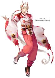 Rule 34 | 1boy, antlers, floating, full body, gya, hair between eyes, hair ornament, hand up, highres, horn ornament, horns, long hair, long sleeves, looking at viewer, male focus, multiple horns, open mouth, original, pants, personification, pink pants, ponytail, short hair with long locks, smile, solo, tabi, very long hair, white background, white hair, wide sleeves, yellow eyes