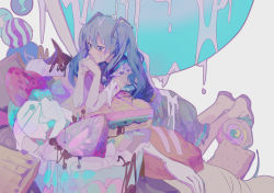 Rule 34 | 1girl, blue eyes, blue hair, blue shirt, blue skirt, candy, commentary request, elbow gloves, food, food on clothes, food on face, fruit, full body, gloves, hatsune miku, highres, lobelia (saclia), long hair, oversized food, oversized object, purple footwear, sad, shirt, skirt, sleeveless, sleeveless shirt, solo, strawberry, twintails, vocaloid, white gloves