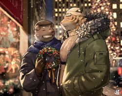 Rule 34 | 2boys, beanie, black headwear, commentary request, closed eyes, furry, furry male, furry with furry, hat, highres, holding, jacket, jeck (2184521), male focus, mature male, multiple boys, open mouth, original, parka, scarf, smile, snow, tiger boy, tusks, white headwear, winter, winter clothes, wreath