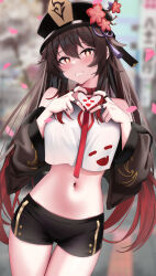 Rule 34 | 1girl, alternate costume, bare shoulders, black hair, black headwear, black nails, blurry, blurry background, blush, collar, cowboy shot, genshin impact, grin, hat, hat ornament, heart, heart hands, highres, hu tao (genshin impact), jewelry, leash, long hair, looking at viewer, midriff, nail polish, navel, orange eyes, parted lips, petals, red collar, ring, skai kun, smile, stomach, symbol-shaped pupils, teeth, thighs, twintails