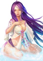 Rule 34 | 1girl, absurdres, ahoge, breasts, dereiope, hand up, highres, large breasts, long hair, looking at viewer, midriff, original, parted lips, pink pupils, purple eyes, purple hair, solo, very long hair, water