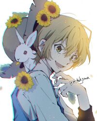 Rule 34 | 1boy, animal, black eyes, blonde hair, blue overalls, bungou stray dogs, flower, freckles, hand up, hat, highres, kazuto kohjima, looking at viewer, male focus, miyazawa kenji (bungou stray dogs), open mouth, overalls, rabbit, shirt, short hair, smile, solo, straw hat, sunflower, twitter username, upper body, white background, white shirt, yellow flower