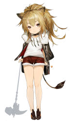 Rule 34 | 1girl, absurdres, aged down, animal ears, arknights, bare shoulders, black choker, black footwear, black jacket, black nails, blonde hair, boots, breasts, candy, choker, cleavage, collarbone, cutoffs, expressionless, fh moya, flat chest, food, full body, fur-trimmed jacket, fur trim, hair between eyes, hammer, highres, holding, holding food, holding hammer, holding weapon, jacket, leather, leather jacket, lion ears, lion tail, lollipop, long hair, long sleeves, looking at viewer, nail polish, over shoulder, short shorts, shorts, sidelocks, siege (arknights), simple background, small breasts, solo, standing, studded choker, tail, tank top, war hammer, weapon, white background, white tank top, yellow eyes, zipper