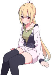 Rule 34 | 1girl, arihara nanami, arms at sides, black thighhighs, blonde hair, blush, breasts, casual, closed mouth, collarbone, commentary, eyes visible through hair, feet out of frame, green shirt, hair between eyes, hair ornament, jacket, knees together feet apart, letterman jacket, long hair, medium breasts, official alternate costume, official alternate hairstyle, open clothes, open jacket, partially unzipped, pom pom (clothes), pom pom hair ornament, ponytail, red eyes, riddle joker, shirt, shorts, simple background, sitting, skindentation, sleeves past wrists, smile, solo, split mouth, straight hair, symbol-only commentary, thighhighs, thighs, very long hair, white background, white shorts, zettai ryouiki, zlmh7okwwbmghfo