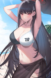 Rule 34 | 1girl, alternate costume, armpits, arms up, beach, bikini, black hair, blue archive, blush, breasts, cleavage, closed mouth, collarbone, commentary request, halo, highres, large breasts, long hair, looking at viewer, navel, ocean, parasol, red eyes, rio (blue archive), sand, see-through, shougun (chuckni1), solo, stomach, swimsuit, two-tone bikini, umbrella, water