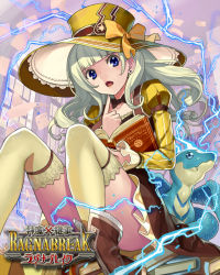 Rule 34 | 1girl, anerath, blue eyes, book, boots, bow, bowtie, earrings, electricity, gaou (umaiyo puyoman), hat, holding, holding book, jewelry, lace, long hair, open book, open mouth, original, shinma x keishou! ragnabreak, silver hair, sitting, solo, thighhighs, white thighhighs